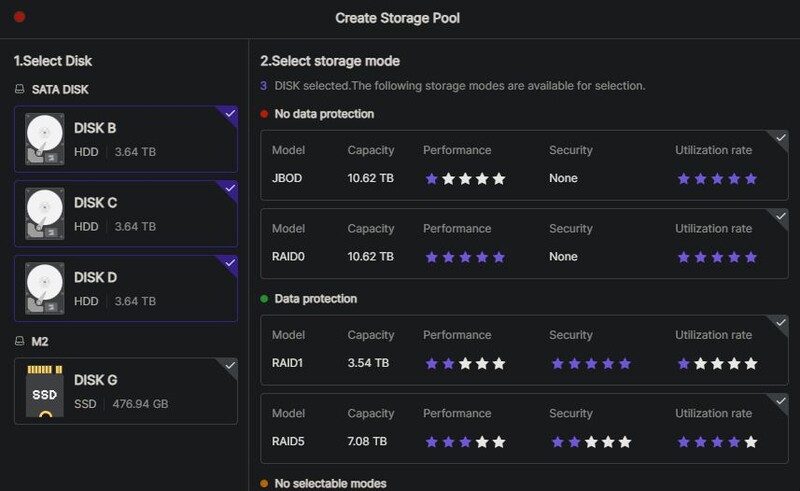 Screenshot of storage pool creation interface showing disk selection and storage mode options with RAID configurations.