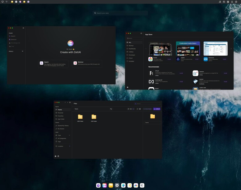 Screenshot of a dark-themed desktop with multiple windows displaying creative applications and file management interfaces.