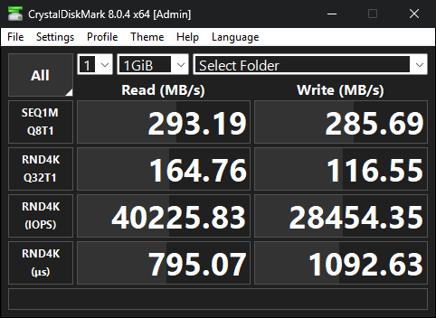 Screenshot of CrystalDiskMark 8.04 storage benchmark results showing read and write speeds.