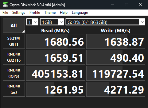 Screenshot of CrystalDiskMark 8.0.4 showing disk benchmark results with read and write speeds in MB/s.