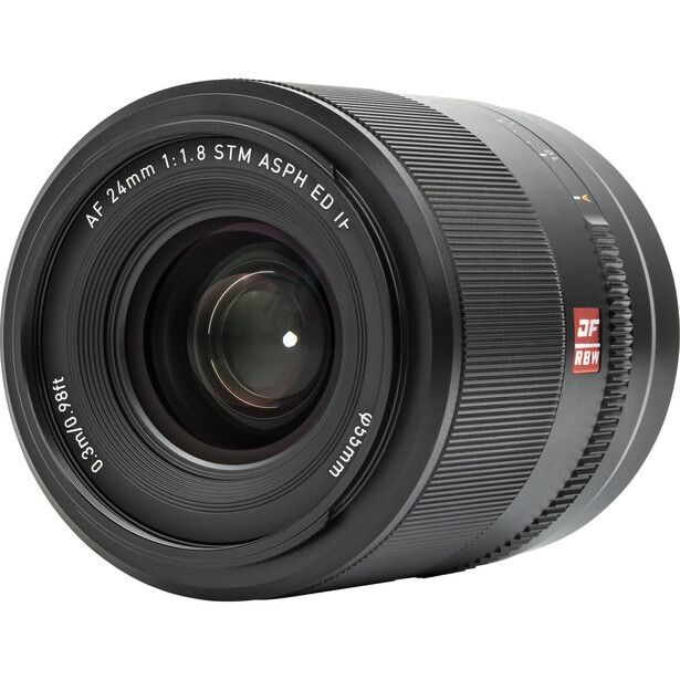 Viltrox AF 24mm f/1.8 STM lens with focus ring and depth of field markings visible.