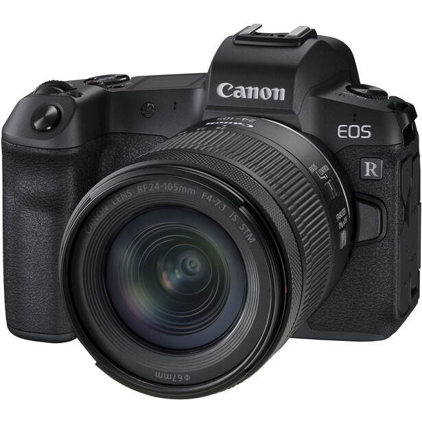 Canon EOS R mirrorless camera with RF-mount lens attached, shown against white background.