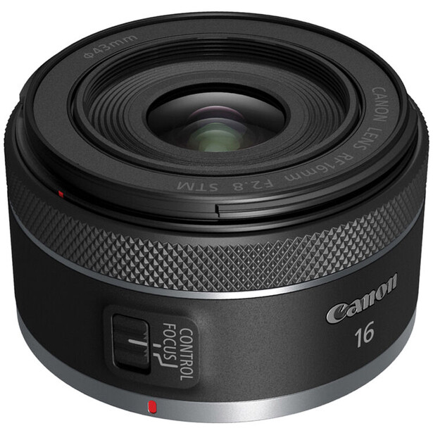 Canon RF 16mm f/2.8 STM lens shown from above against white background.