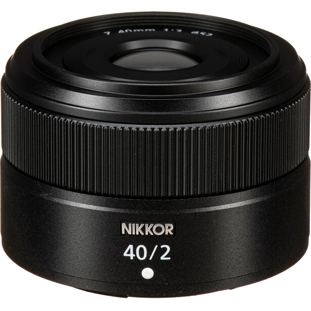 Nikon Z 40mm f/2 prime lens with black barrel and ribbed focus ring.