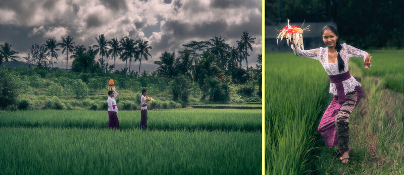A planned shoot with Hindu Balinese dressmakers, showcasing their own garments and taking offerings through the famous rice paddies.