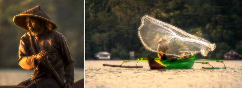 Vietnamese fisherman in conical hat casting net from wooden boat at sunrise.