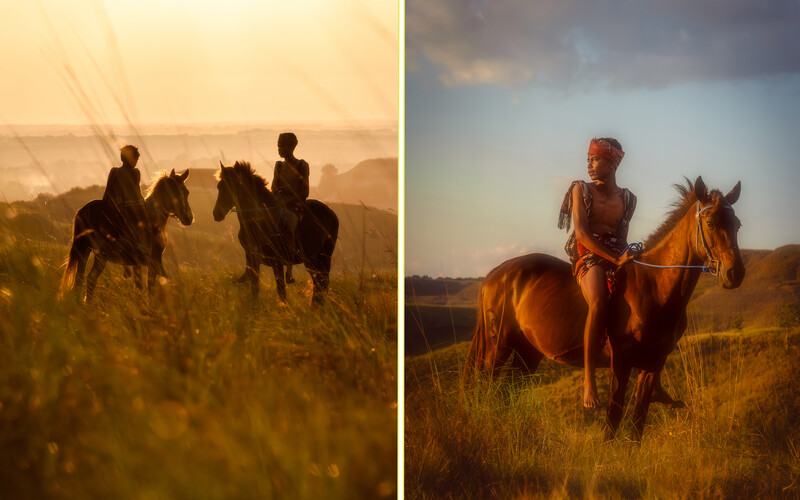 A photoshoot featuring the horsemen of Sumba in their traditional attire, captured during sunrise.