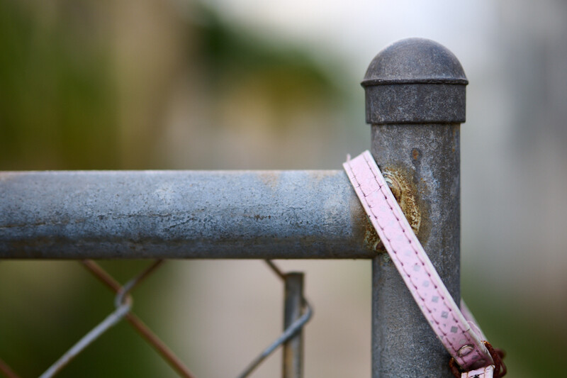 Pink ribbon tied around weathered metal fence post with soft-focus background.