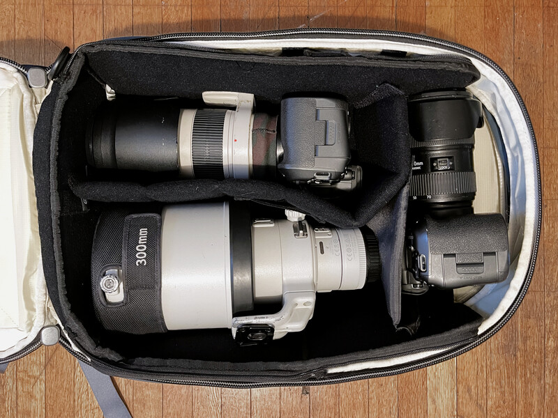 Camera bag interior with telephoto lenses, camera body, and accessories organized in custom foam padding.