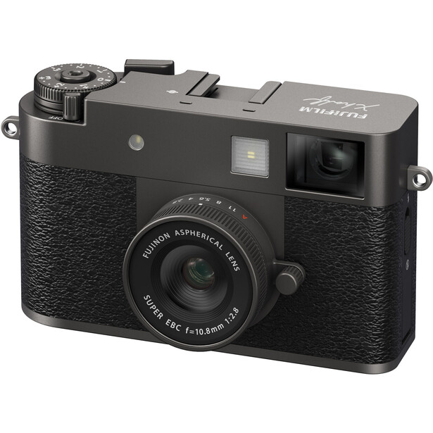 Black rangefinder film camera with textured grip and fixed prime lens on white background.