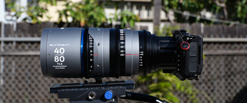Sunlight anamorphic lens mounted on cinema camera with focus and depth scale markings visible.