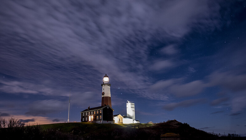 Montauk Point Lighthouse at night.