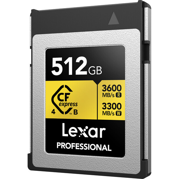 Lexar Professional 512GB CFexpress Type B memory card showing 3600 MB/s write and 3300 MB/s read speeds.