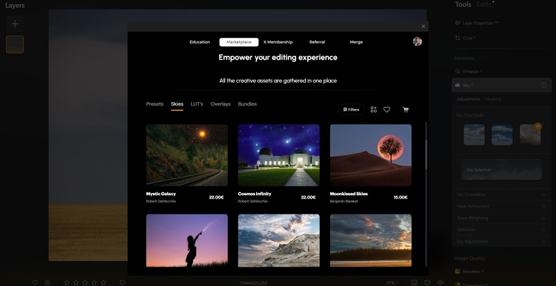 Screenshot of a photo editing software interface displaying preset packs for creative assets with sample landscape and portrait images.