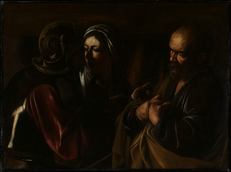 Painting of three figures in dark robes engaged in conversation against a shadowy background.