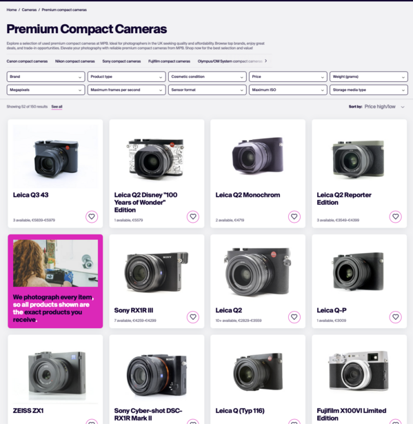 Screenshot of a product catalog page displaying premium compact cameras in a grid layout.