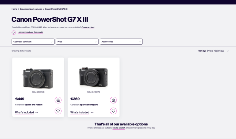 Screenshot of Canon PowerShot G7 X III camera listings showing two used models priced at $449 and $369.