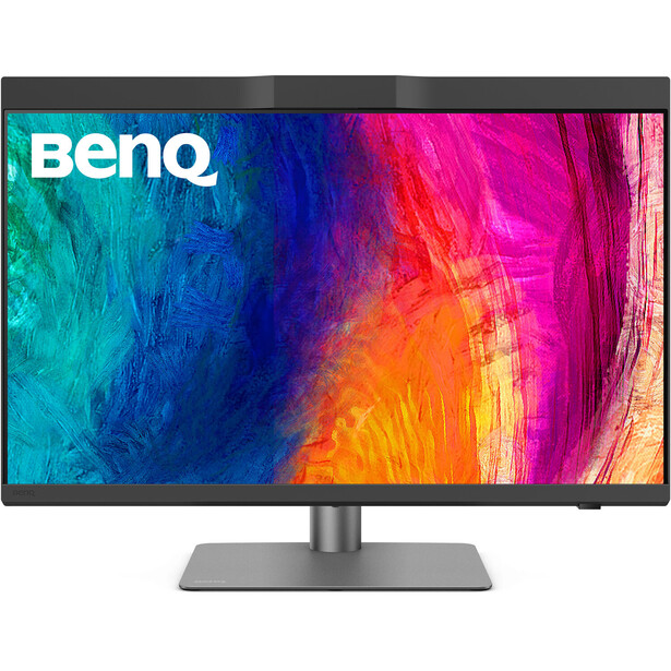 BenQ monitor displaying a vibrant colorful abstract image with blue, magenta, orange, and yellow hues.