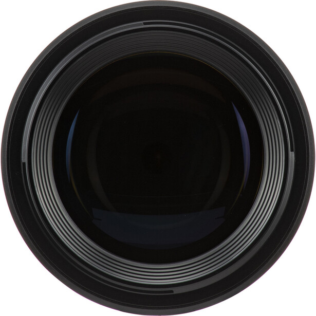 Front view of a telephoto lens showing the barrel and front element with concentric focusing rings.