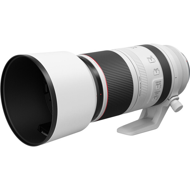 White telephoto lens with black grip ring and attached lens hood, shown in three-quarter view against white background.