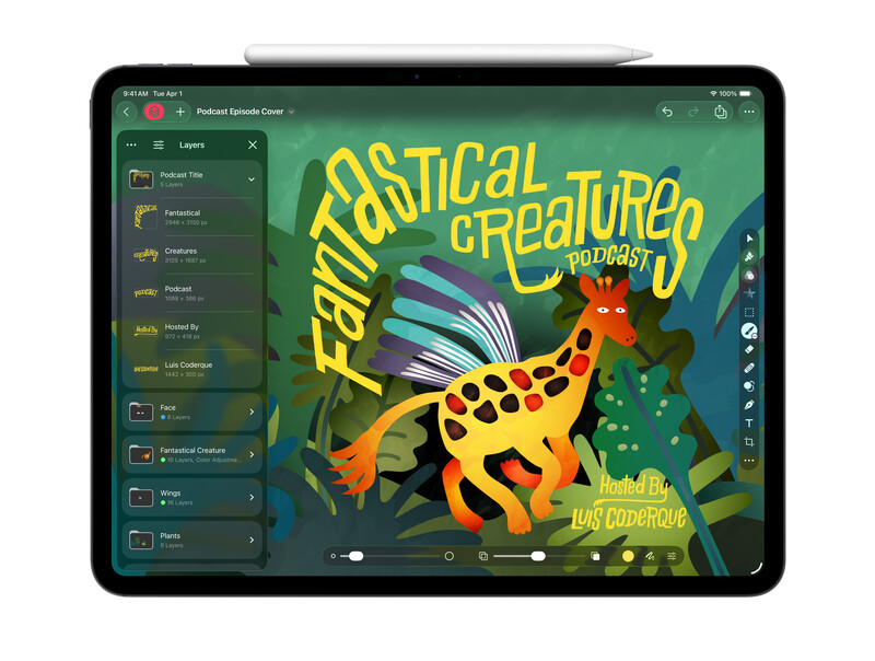 Screenshot of digital illustration software showing a colorful stylized creature design with yellow typography and green background.