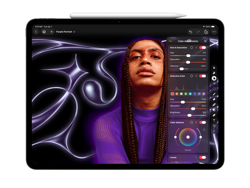 Screenshot of digital art software displaying portrait editing with purple neon effects and comprehensive adjustment panels.