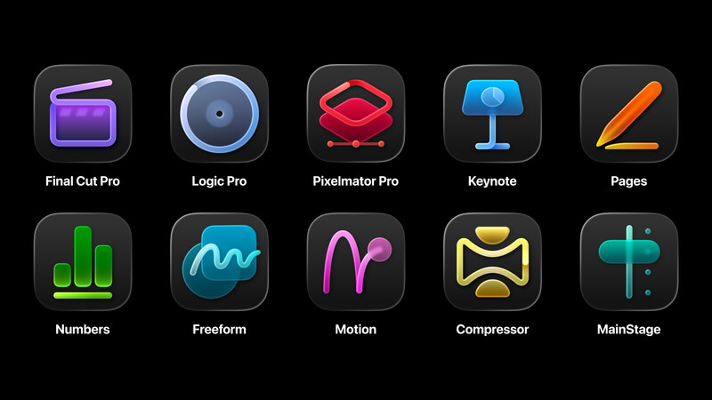 Screenshot of ten creative software application icons arranged in a 5x2 grid on a dark background.