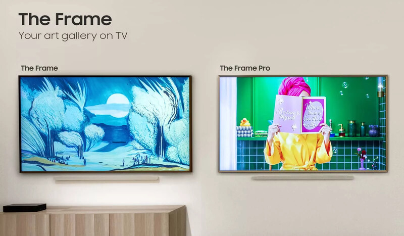 Two Samsung Frame TV models displaying digital art on a beige wall above wooden cabinetry.