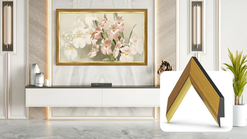 Modern interior design rendering showing a luxury reception desk with floral artwork and framed sample of gold-trimmed picture frame.
