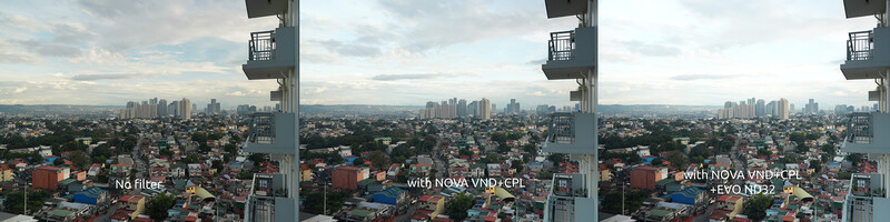 Three-panel comparison of urban cityscape showing filter effects on sky clarity and contrast.