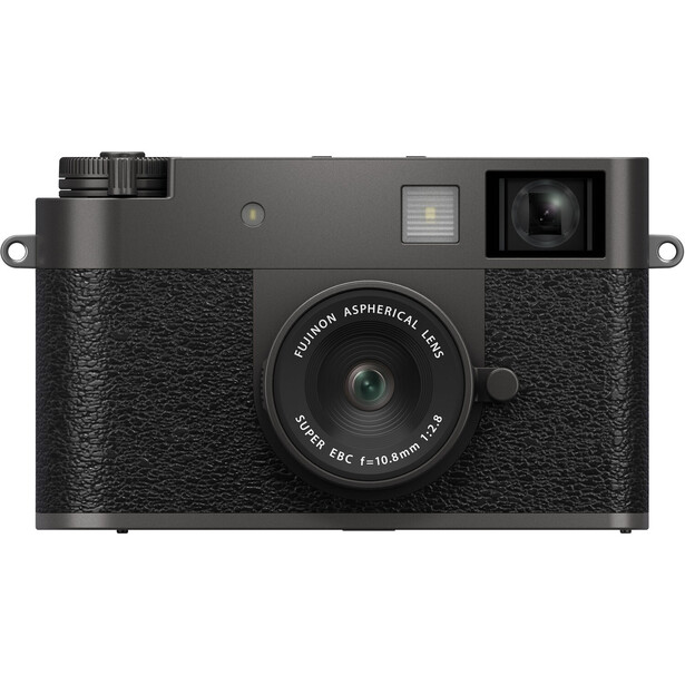 Fujifilm Instax Mini Evo hybrid instant camera with black leather body and textured grip.