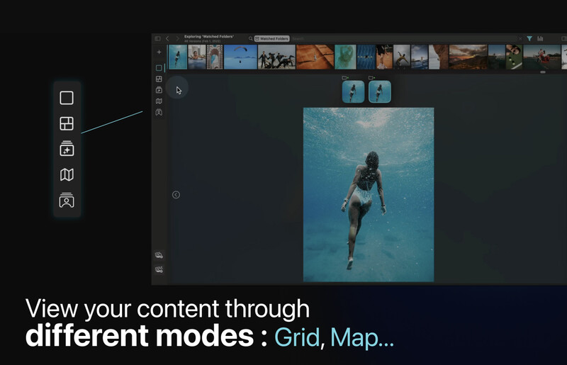 Screenshot of photo management software showing Grid view mode with underwater portrait of swimmer in center panel.