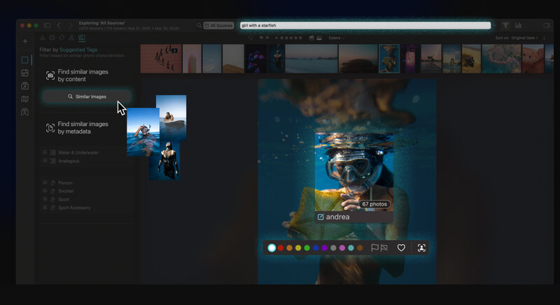 Screenshot of Fstoppers asset management interface showing underwater photography search results with color-coded tags.