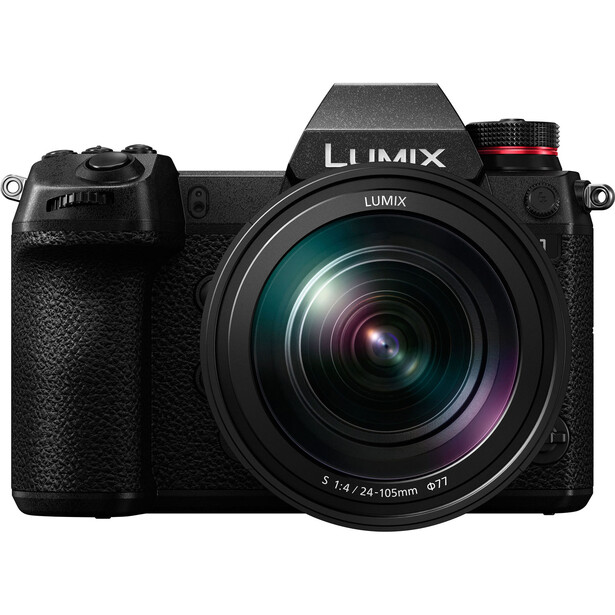 Panasonic Lumix mirrorless camera with attached zoom lens on white background.