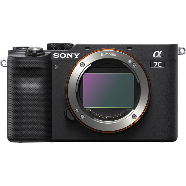 Sony α7C mirrorless camera body with open lens mount displayed against white background.