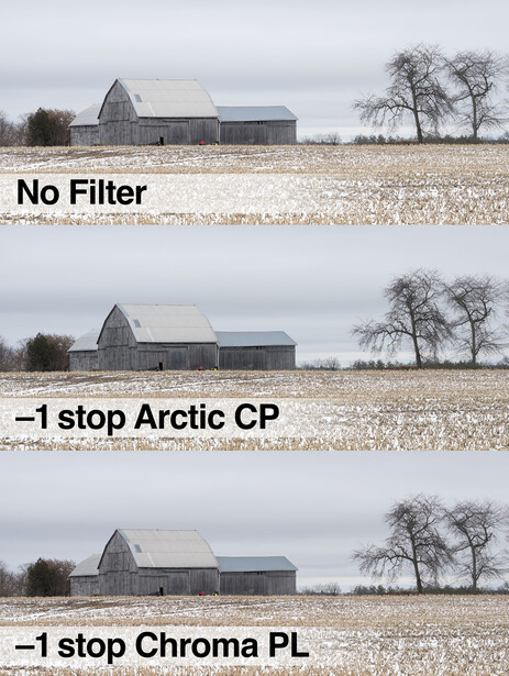 Three side-by-side comparisons of a rural barn and field, showing the effects of different camera filters on color temperature and contrast.