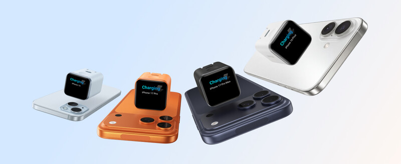 Four smartphones in different colors displaying charging status on their screens.