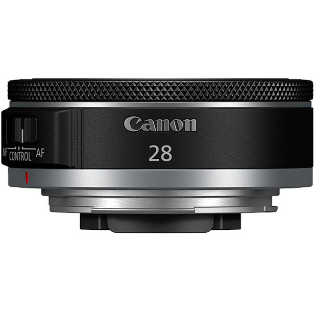 Canon EF 28mm prime lens with autofocus ring and depth-of-field scale visible.