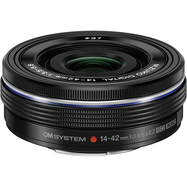 OM System 14-42mm f/3.5-5.6 II R zoom lens with blue accent ring.
