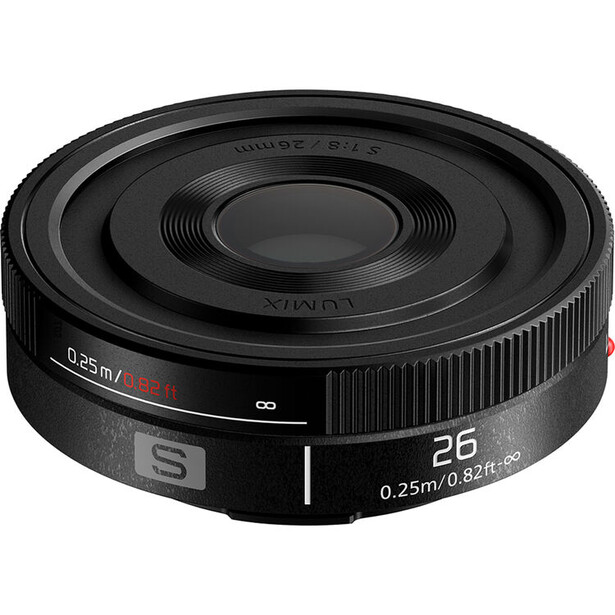 Panasonic Lumix S 26mm f/0.95 prime lens with focus ring and distance scale visible.