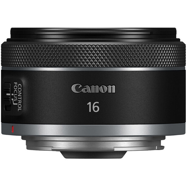 Canon RF 16mm f/2.8 macro lens with textured grip and silver metal mount.