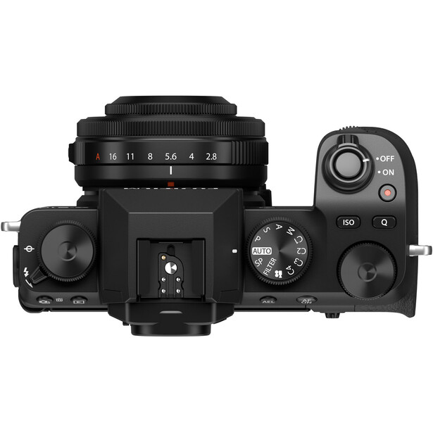 Top-down view of a mirrorless camera with fixed lens and control dials visible.