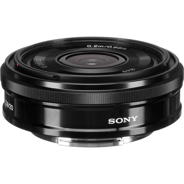 Sony E 16mm f/2.8 prime lens with black barrel and focus ring.