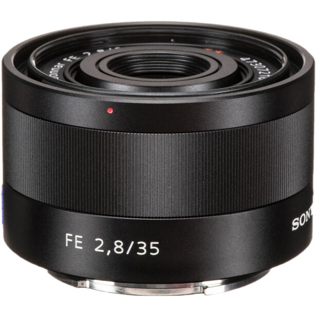 Sony FE 2.8/35mm prime lens with black barrel and electronic contacts visible.