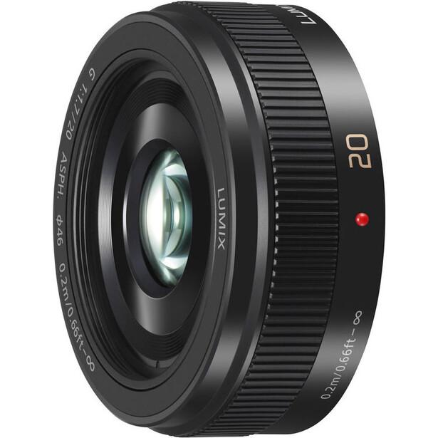 Panasonic Lumix 20mm f/1.7 prime lens with black barrel and focus ring against white background.