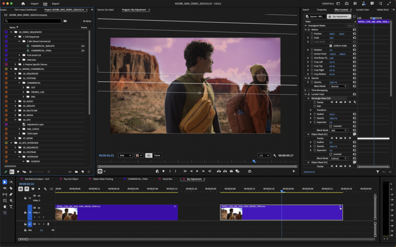 Screenshot of video editing software showing color-graded footage of people against a desert landscape.