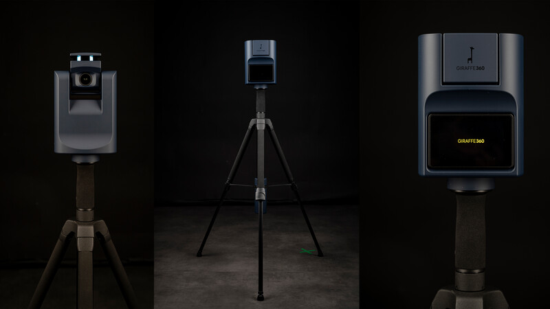 Three professional 3D scanning devices mounted on tripods against black background.