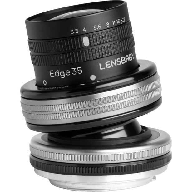 Lens Baby Edge 35 lens mounted on focus gear with selective focus mechanism displayed.