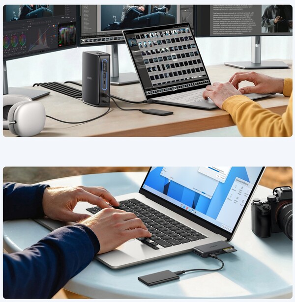 Two split-screen photos showing photographers working at desks with editing software and external gear.
