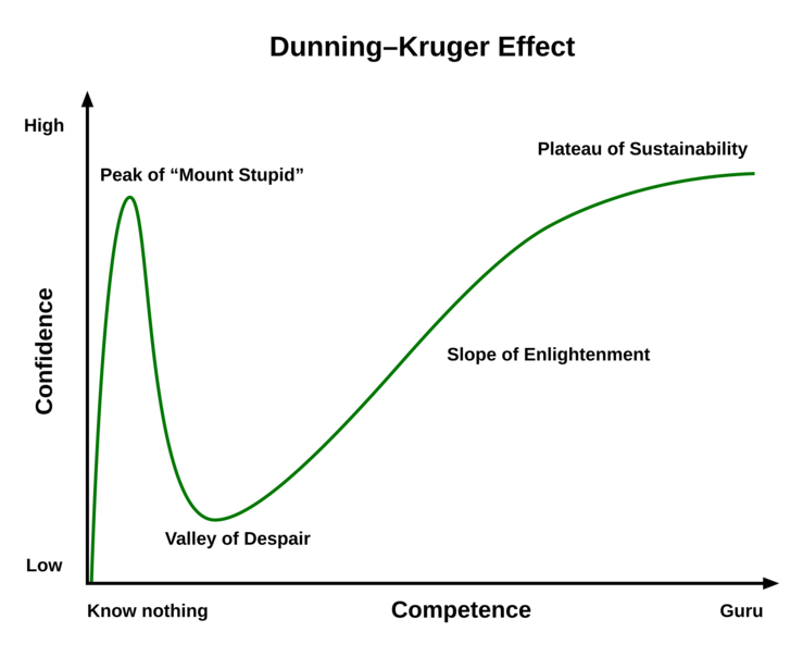 Graph illustrating the Dunning-Kruger Effect, showing confidence plotted against competence levels.